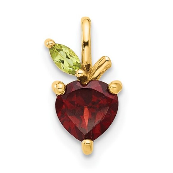 14K Yellow Gold Heart Shaped Red Garnet and Green Peridot Leaf Apple Chain Slide - Picture 1 of 4
